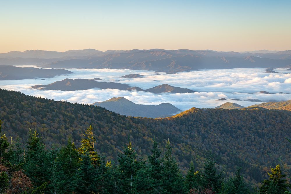 Sunrise from Kuwohi, formerly Clingmans Dome, a sea of clouds filling the valleys of the Great Smoky Mountains in East Tennessee.