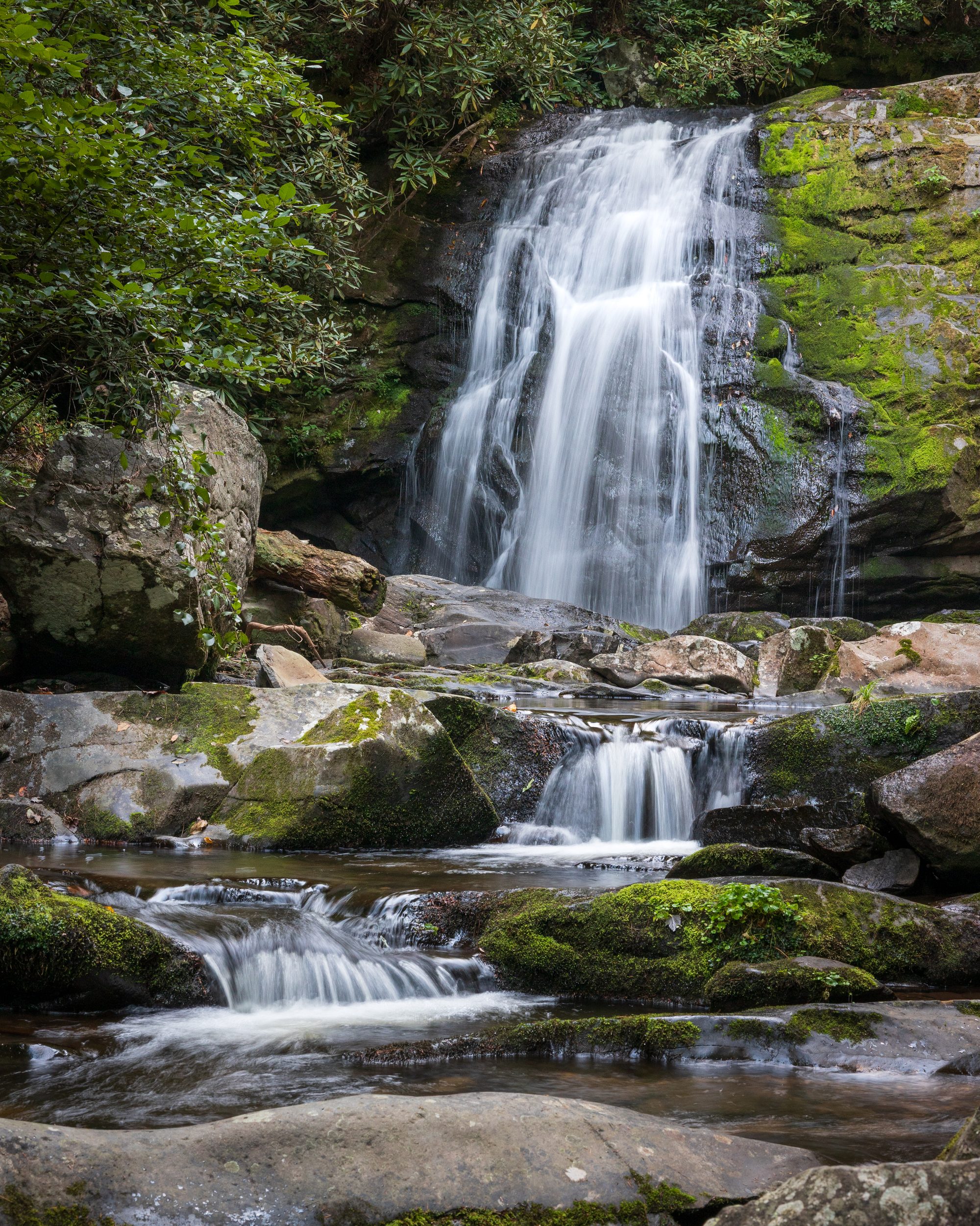 A small waterfall stepping down mossy ledges into stair-step cascades in the Great Smoky Mountains.